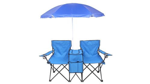 Double Folding Picnic Chairs w/Umbrella Mini Table Beverage Holder Carrying Bag