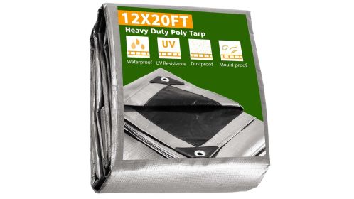 12 × 20 ft Heavy Duty Poly Tarp - Silver+Black for Camping & Outdoor Use