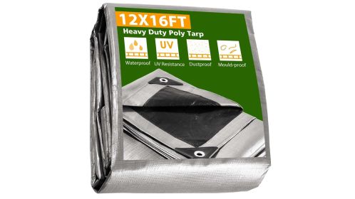 12 × 16 ft Heavy Duty Poly Tarp - Silver+Black for Camping & Outdoor Use