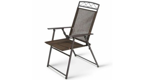Set of 4 Patio Folding Sling Chairs Steel Camping Deck - Color: Brown