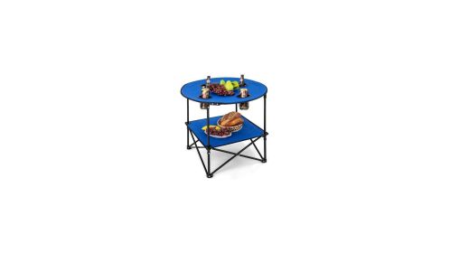 2-Tier Portable Picnic Table with Carrying Bag and 4 Cup Holders-Blue-Color Blue
