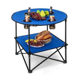 2-Tier Portable Picnic Table with Carrying Bag and 4 Cup Holders-Blue-Color Blue