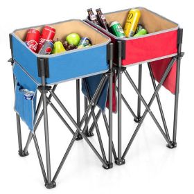 2 Pieces Folding Camping Tables with Large Capacity Storage Sink (Color: Blue/Red)