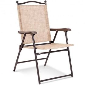 Set of 2 Patio Folding Sling Back Camping Deck Chairs (Color: Beige)
