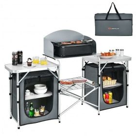 Folding Camping Table with Storage Organizer (Color: Gray)