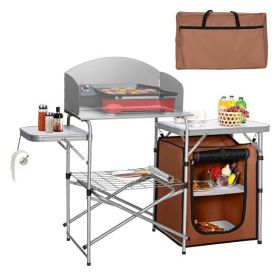 Foldable Outdoor BBQ Portable Grilling Table With Windscreen Bag (Color: Brown)