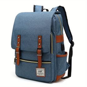 1pc Vintage Nylon Laptop Backpack with USB Charging Port (Color: Blue)