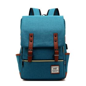 1pc Vintage Nylon Laptop Backpack with USB Charging Port (Color: Peacock Blue)