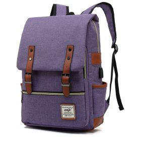 1pc Vintage Nylon Laptop Backpack with USB Charging Port (Color: Purple)