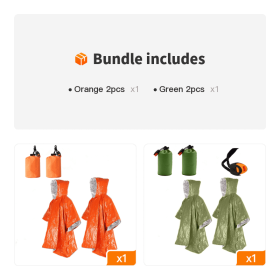Emergency Blanket Poncho, Ultralight Waterproof, 2 PCS  (Color: Orange 2pcs+Green 2pcs)