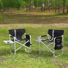 Padded Folding Outdoor Chair with Side Table and Storage Pockets (Color: Black/Silver)