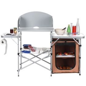A Foldable Outdoor BBQ Portable Grilling Table with Windscreen Bag (Color: Brown)